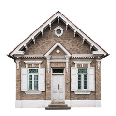 Obraz premium Classic vintage brick house with white windows and decorative trim isolated on transparent background.
