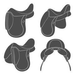 Set of black and white illustrations with horse saddle. Isolated vector objects on white background.