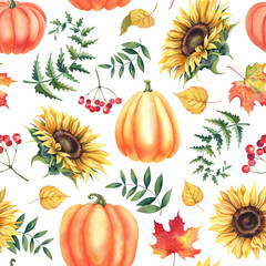 Pumpkins and sunflowers in watercolor, seamless pattern for harvest festival greeting cards or Thanksgiving invitations. Hand-drawn botanical illustration of autumn plants on an isolated background.