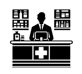 Black and white vector illustration of pharmacy counter in pharmacy on white background.