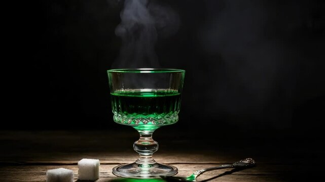 Glass of absinthe with sugar cubes and spoon