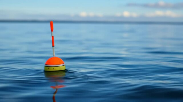 Close-up of orange and yellow fishing float bobbing on blue water under cloudy sky