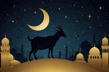 Goat Silhouette with Mosque and Crescent Moon on Night Sky Background