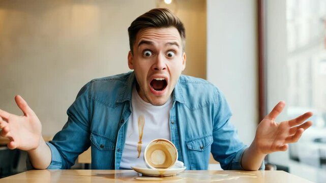 Caucasian man upset over spilled coffee at cafe table