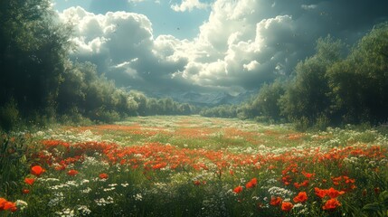 Green meadow with wildflowers, buzzing bees, and a gentle breeze under a bright sky