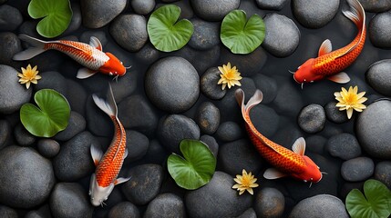 Serene koi pond scene with vibrant fish, lily pads, yellow blossoms, and smooth stones
