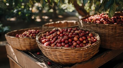 Freshly Harvested Red Plums in Woven Baskets on a Wooden Table