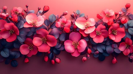 Stylized arrangement of redish, pink, and purple blossoms on a minimalistic monochrome background exuding refined modern elegance