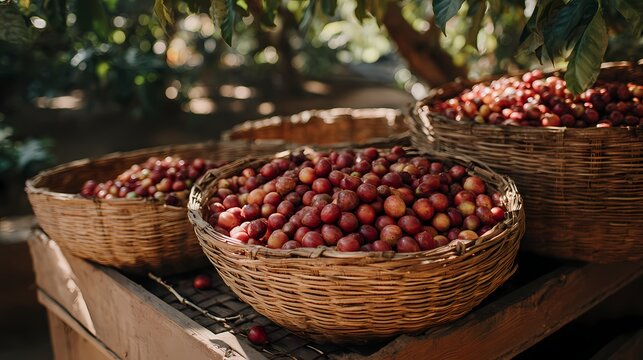 Freshly Harvested Red Plums in Woven Baskets on a Wooden Table