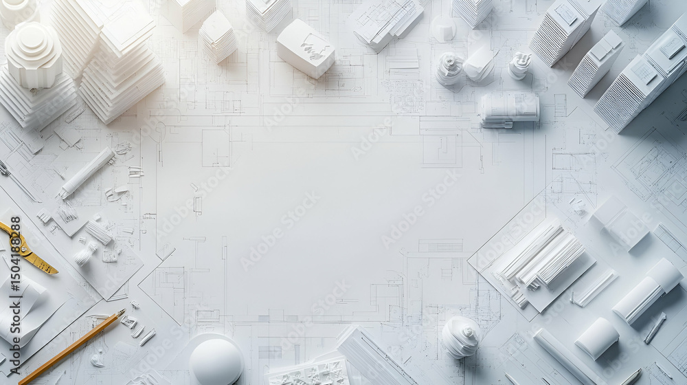 Poster white architectural models and blueprint background