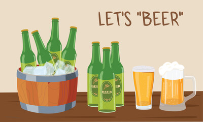 Beer vector set. Chilled green beer bottles in an ice bucket alongside with beer mugs. Flat vector in cartoon style isolated on table background. Summer element. © tranle1990