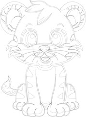 Happy Tiger Cub Cartoon – Jungle Easter Coloring Page Black-and-White Vector for Kids Activities, Safari Party Invitations and Crafts

