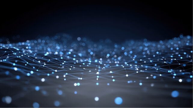 Digital abstract network structure with illuminated points and connecting lines on dark background