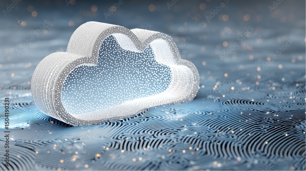 Aufkleber white cloud shape with glowing specks sitting on a blue surface with circuit pattern design