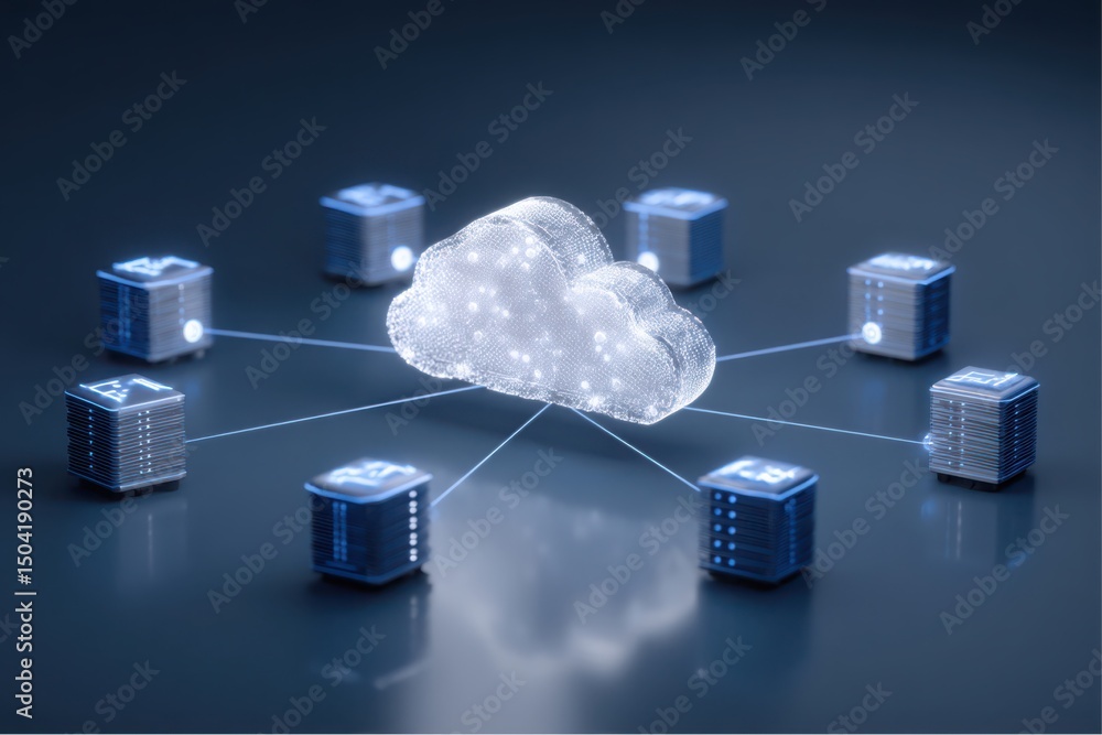 Poster concept of digital cloud computing network connecting to servers and data centers