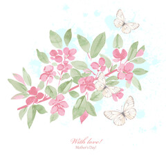 watercolor card with blooming crabapple branch against grungy sky. vector sketch crab apple blooms with butterflies