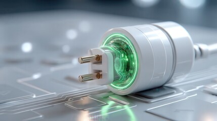 A, digital plug radiates light, linking to a green energy icon in a white void, representing clean power integration