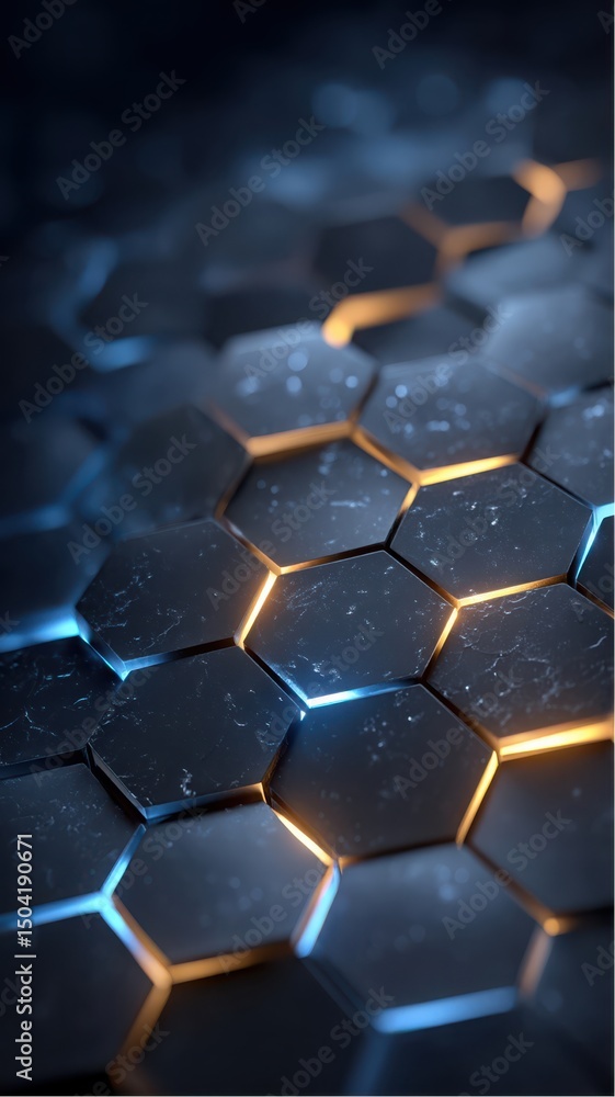 Poster abstract design shows illuminated hexagonal tiles with blue and orange lights creating modern geomet