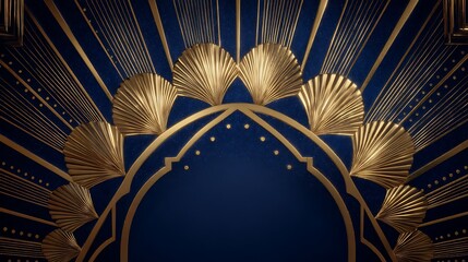 Golden art deco design with radiating lines and fan shapes on a dark blue textured background
