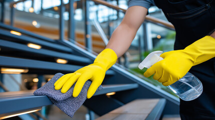 Worker disinfecting gym handrails and stairways for safety