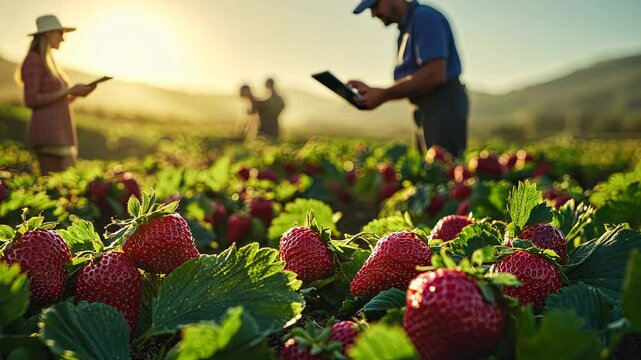 Romantic Couple Standing in Strawberry Field on Sunny Day