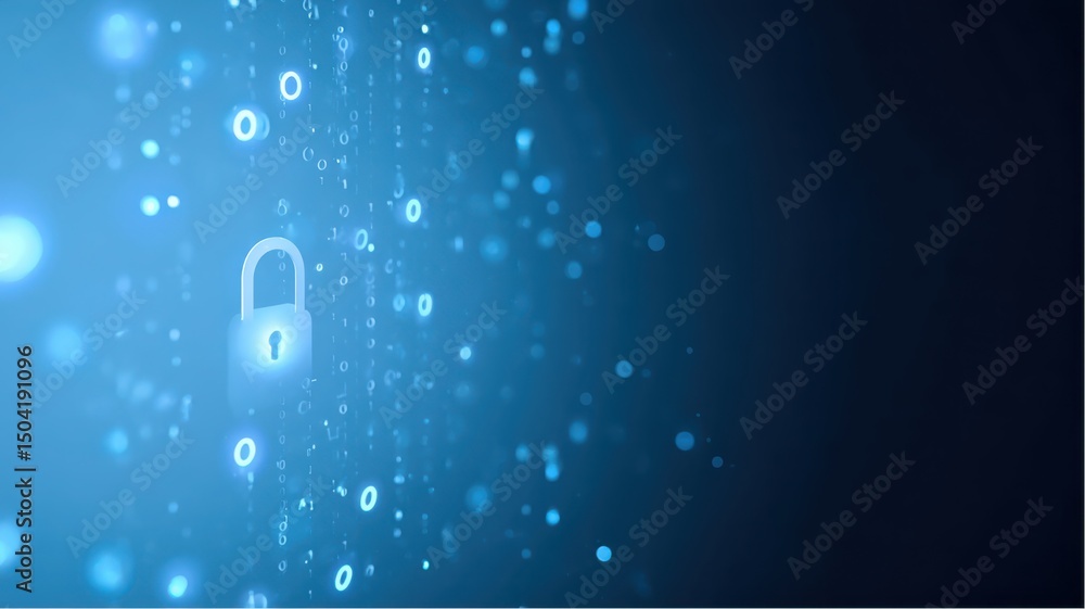 Poster locked padlock icon hovers among digital binary code floating in blue space