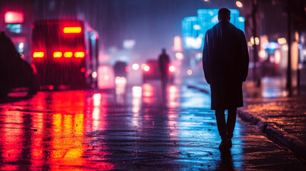 A person walks alone under the rain in a city street with neon lights during the night.