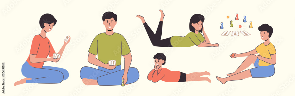 Poster cartoon color different characters family set spends time playing game concept flat design style. ve