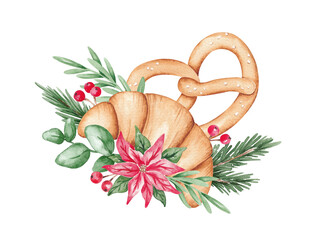 Christmas bakery products arangement. Hand drawn with watercolor illustration. Merry Christmas Bakery card desin. Isolated on white. Bright Christmas pastry