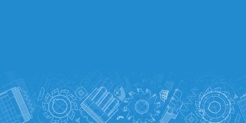 Mechanical engineering drawings on blue background. Cutting tools, milling cutter. Technical Design. Cover. Blueprint. Horizontal seamless pattern. Vector illustration.
