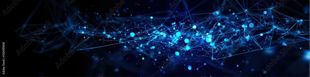 Poster abstract blue network with connected nodes and lines, futuristic communication