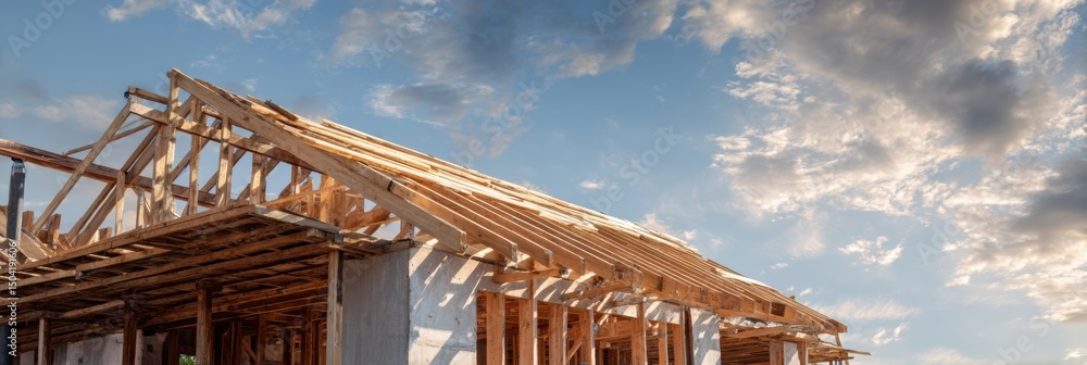 Poster roof construction process on a residential building against a backdrop of soft clouds in the sky dur