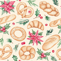 Bakery Christmas pattern. Bakery products, plants, flowers hand drawn with watercolor. Pastry with traditional Cristmas greenery backround