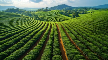 Captivating Bird's-Eye View of Precisely Organized Brazilian Coffee Plantation Rows Showcasing Dynamic Grid Patterns and Radiant Natural Illumination
