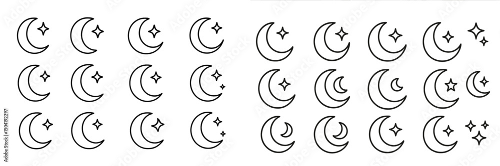 Poster decorative collection of moon and star motifs displayed in a repeating pattern for design projects