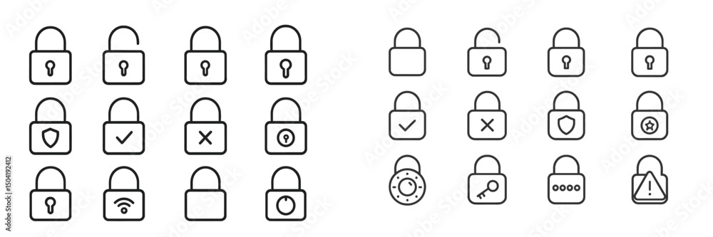Poster collection of padlock icons showcasing different security features and statuses