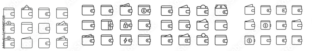 Poster collection of simple line drawings of various wallet designs in a minimalistic style showcasing diff