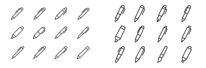 Various writing instruments arranged in a symmetrical pattern on a plain background for artistic presentation and design purposes
