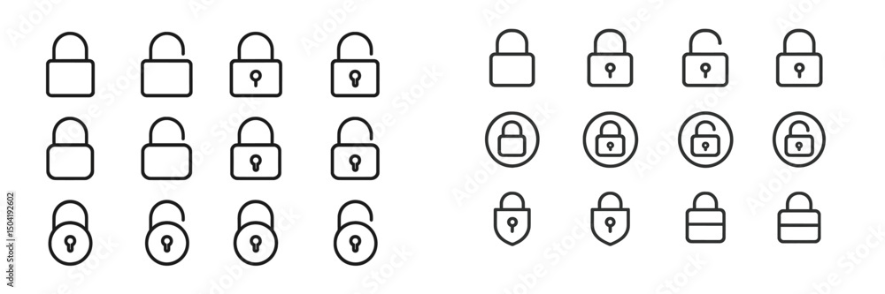 Poster collection of lock icons showcasing various designs and styles for security and protection concepts