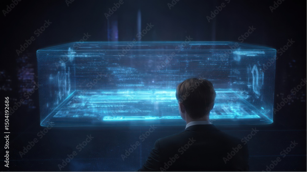 Poster man in suit facing blue futuristic data cube with holographic information