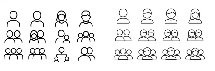 Various line drawings of people representing different group sizes and interactions in a simplistic and modern style