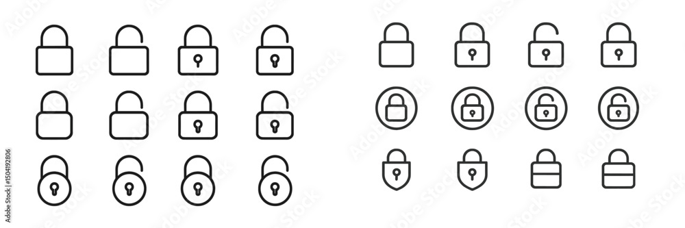 Poster collection of padlock icons showcasing various designs and styles for digital security themes