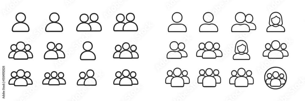 Poster various outlines of people representing different group sizes and configurations in a minimalistic s