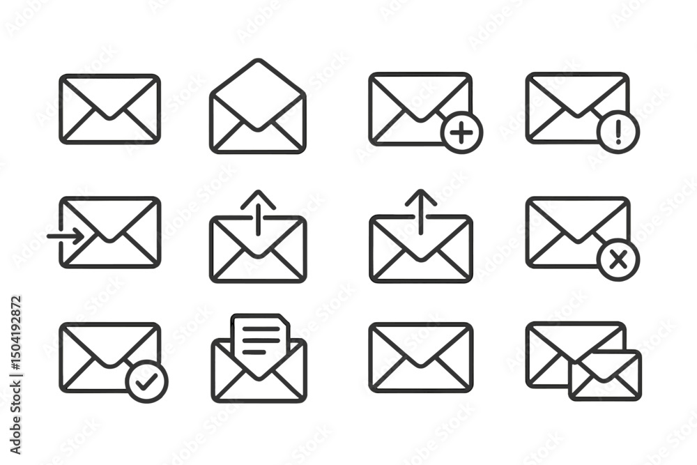 Poster collection of envelope icons showcasing different symbols for various email actions and notification
