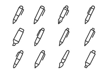 Various pen designs in a minimalistic black and white layout showcasing creative tools for writing and drawing