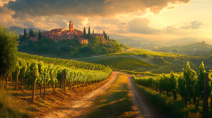 Obraz premium Vineyards with grapevines and wineries along a wine road, illuminated by the evening sun in Europe.