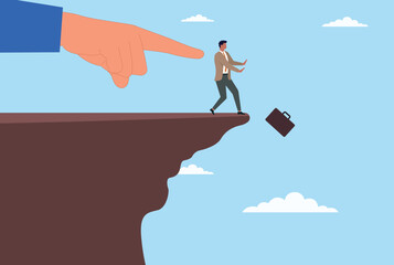 Vector illustration of a giant hand trying to push a businessman off a steep cliff, representing corporate rivalry, betrayal, and the high stakes nature of business competition

