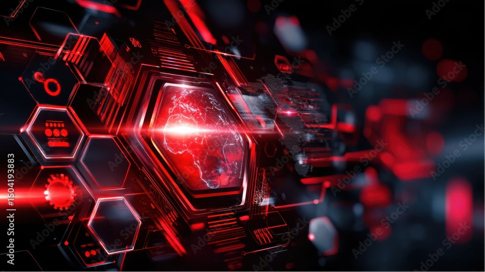 Poster futuristic world map interface with red glowing connections represents global networks and digital t