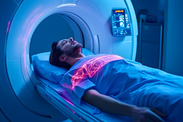 Patient undergoing medical imaging, person relaxed on examination table, futuristic scanning machine, healthcare environment.