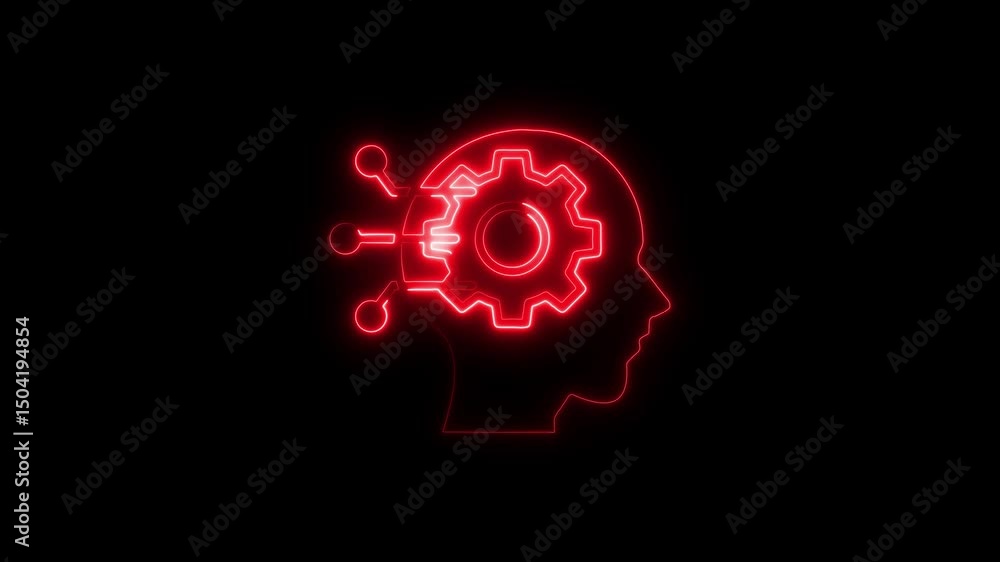 Poster glowing red outline of a human head with integrated cogwheel and circuitry symbolizing artificial in